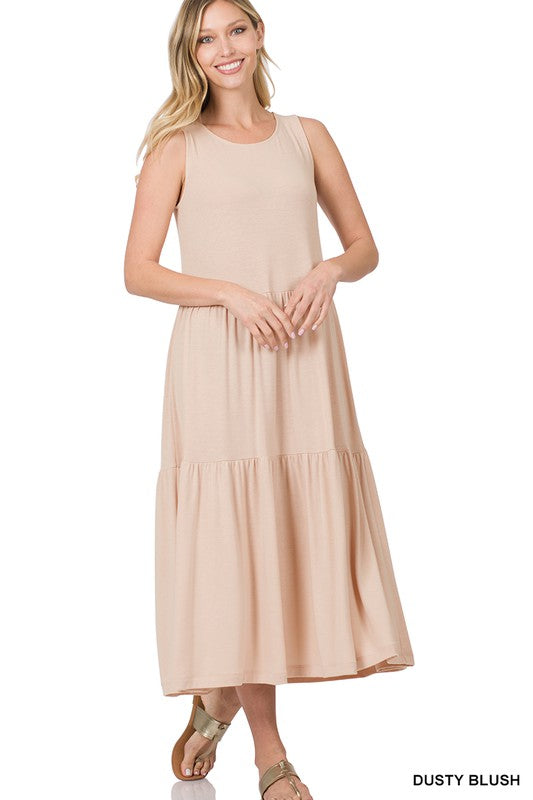 SLEEVELESS TIERED MIDI DRESS