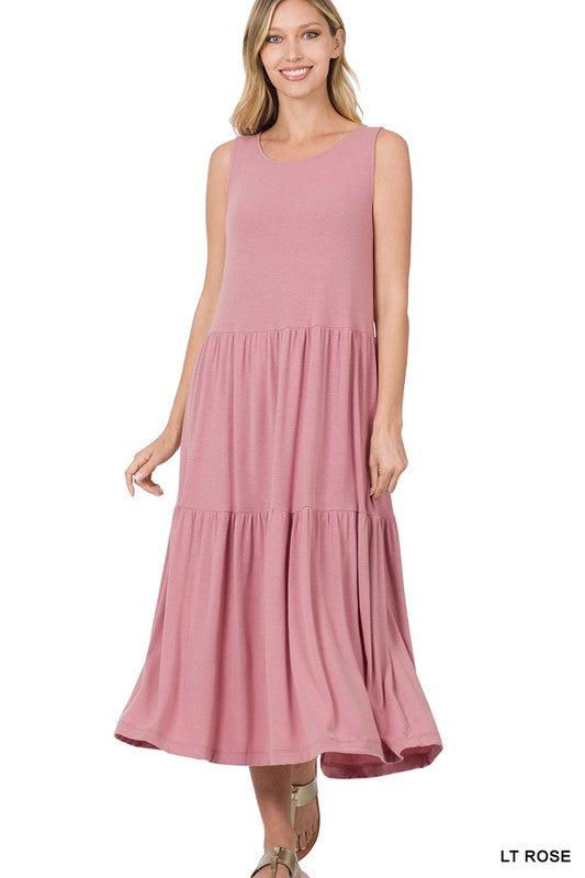 SLEEVELESS TIERED MIDI DRESS