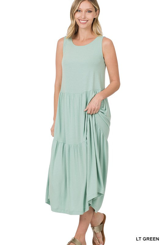 SLEEVELESS TIERED MIDI DRESS