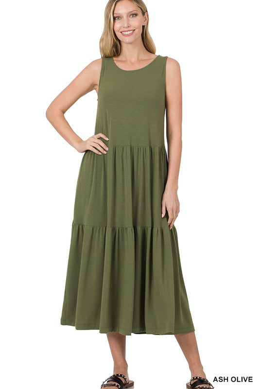 SLEEVELESS TIERED MIDI DRESS
