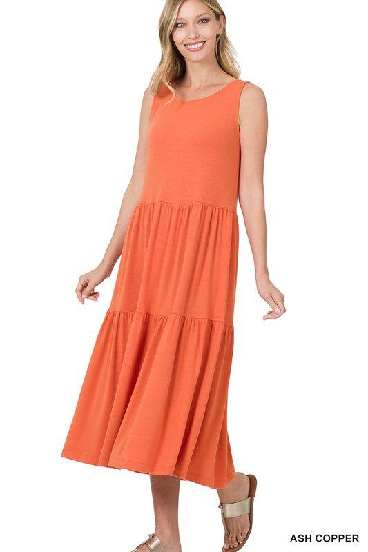 SLEEVELESS TIERED MIDI DRESS
