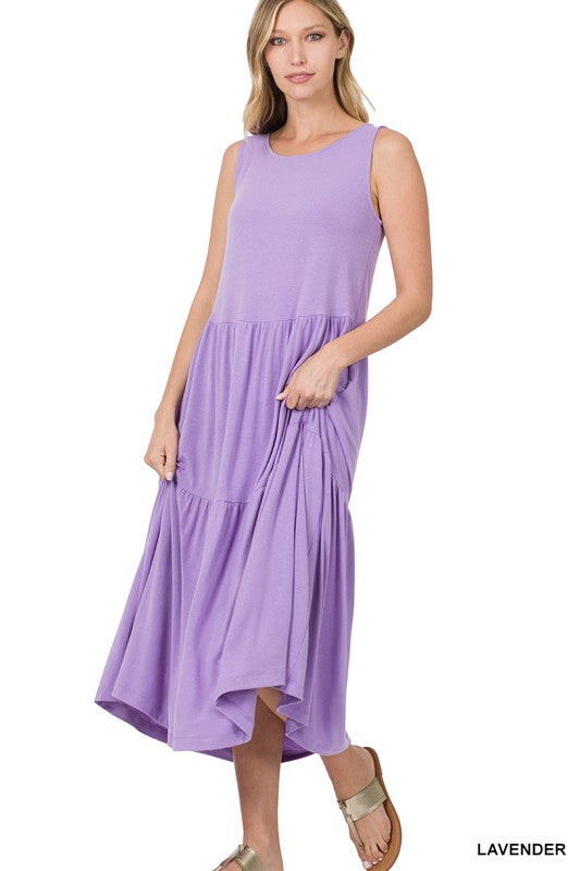 SLEEVELESS TIERED MIDI DRESS