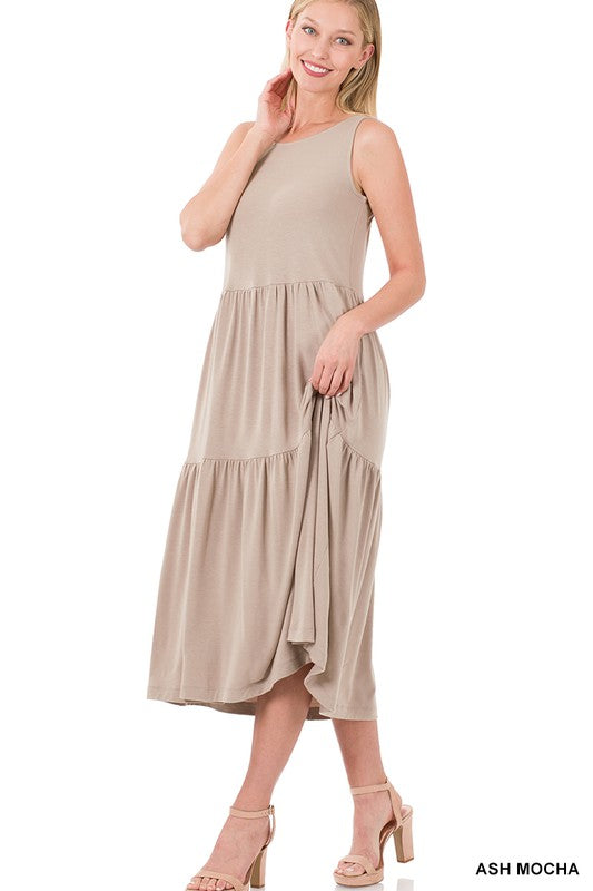 SLEEVELESS TIERED MIDI DRESS