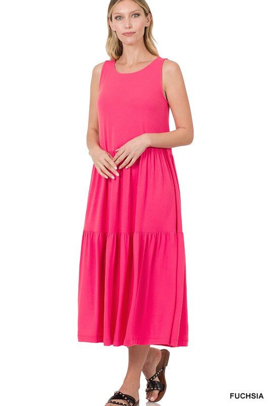 SLEEVELESS TIERED MIDI DRESS