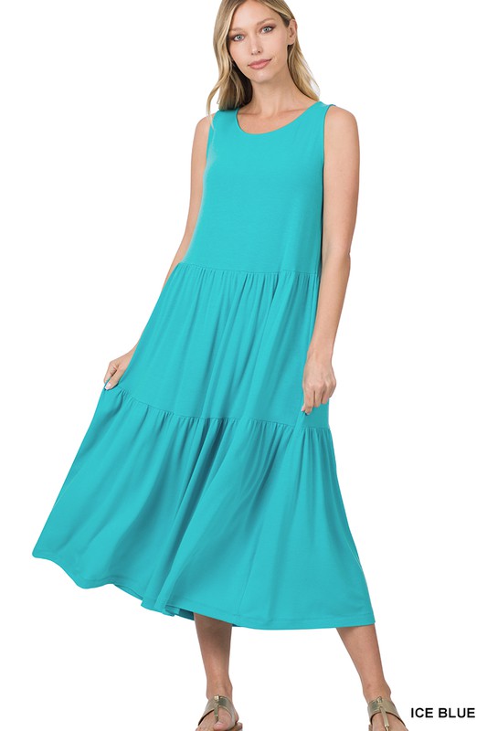 SLEEVELESS TIERED MIDI DRESS