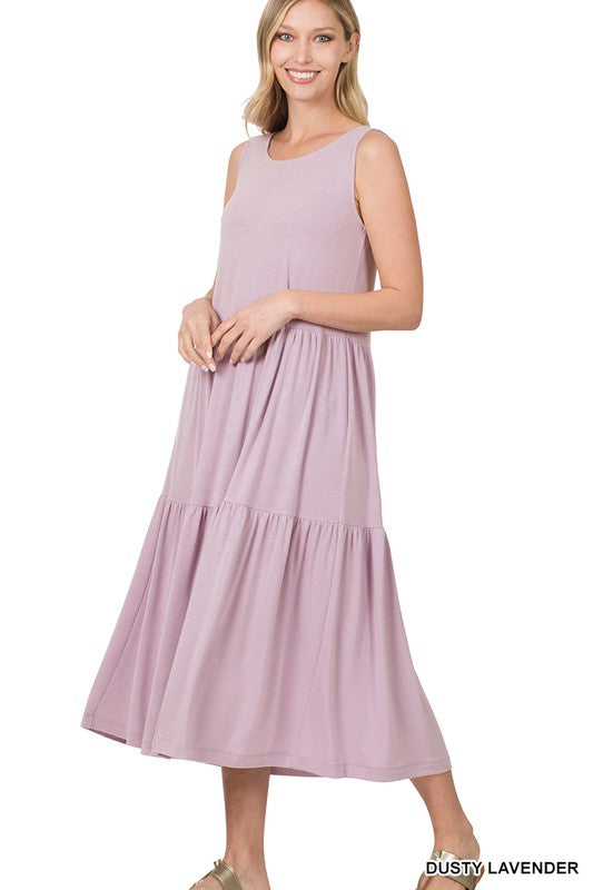 SLEEVELESS TIERED MIDI DRESS