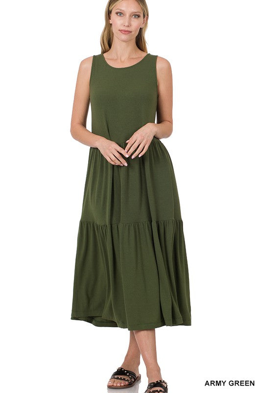 SLEEVELESS TIERED MIDI DRESS