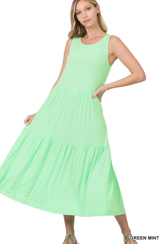 SLEEVELESS TIERED MIDI DRESS