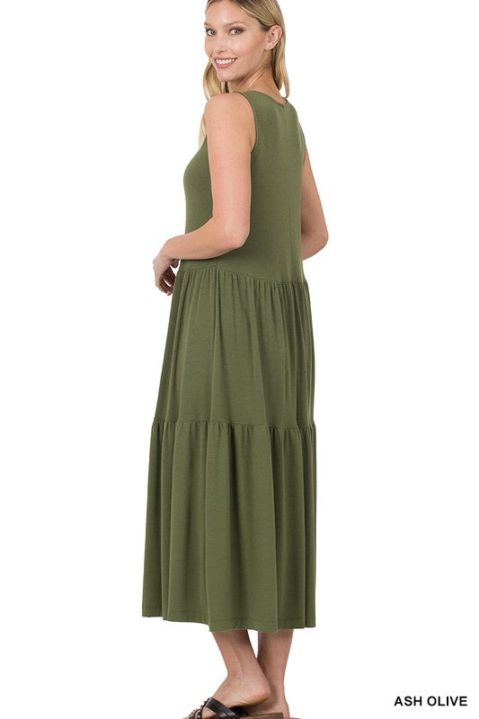 SLEEVELESS TIERED MIDI DRESS
