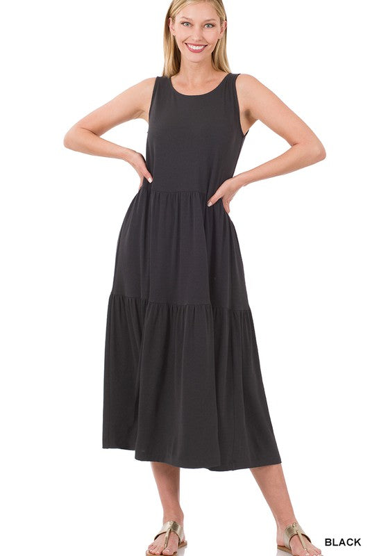 SLEEVELESS TIERED MIDI DRESS