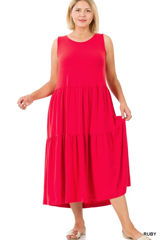 PLUS SLEEVELESS TIERED MIDI DRESS