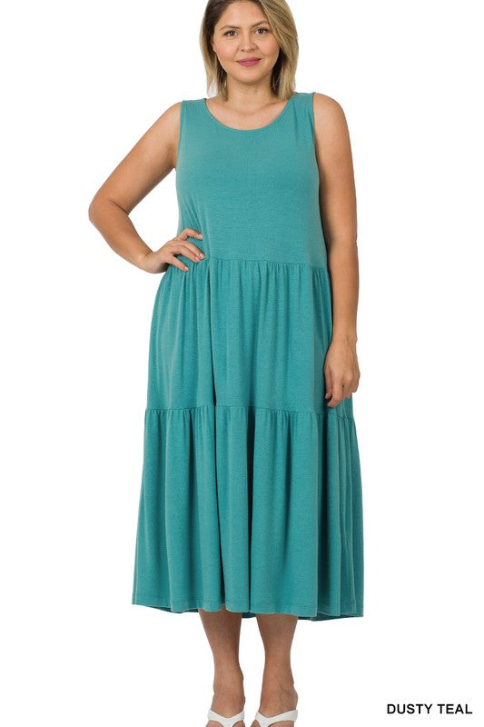 PLUS SLEEVELESS TIERED MIDI DRESS