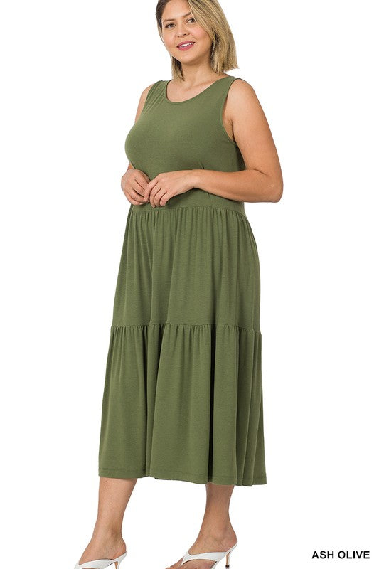 PLUS SLEEVELESS TIERED MIDI DRESS