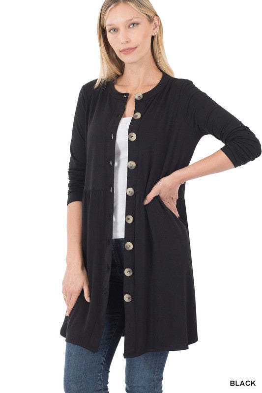 Shirred Waist Buttoned Cardigan With Side Pockets
