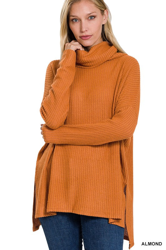 Brushed Thermal Waffle Cowl Neck Hi-Low Sweater