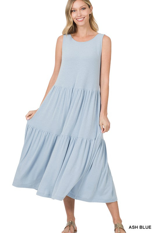 SLEEVELESS TIERED MIDI DRESS