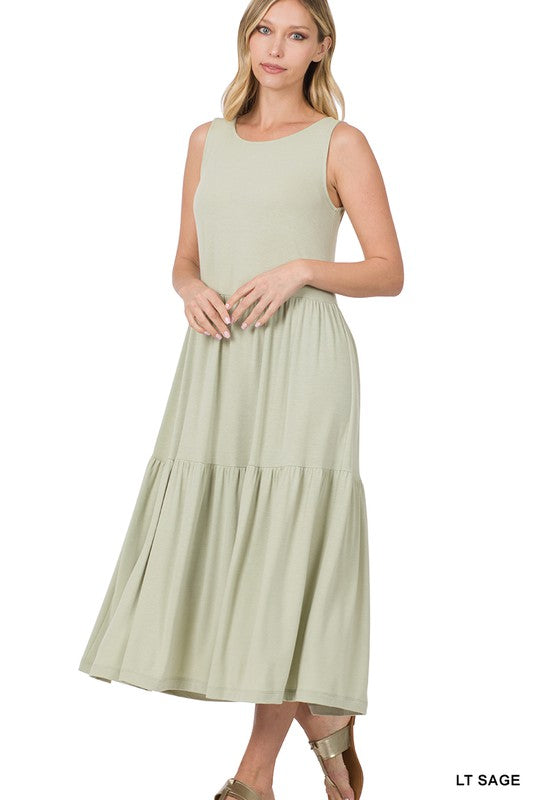 SLEEVELESS TIERED MIDI DRESS