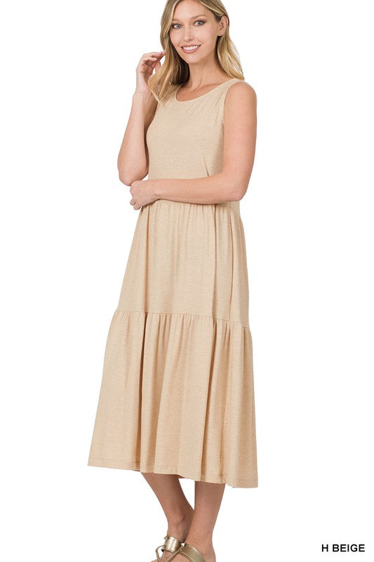 SLEEVELESS TIERED MIDI DRESS