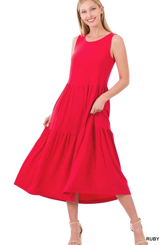 SLEEVELESS TIERED MIDI DRESS