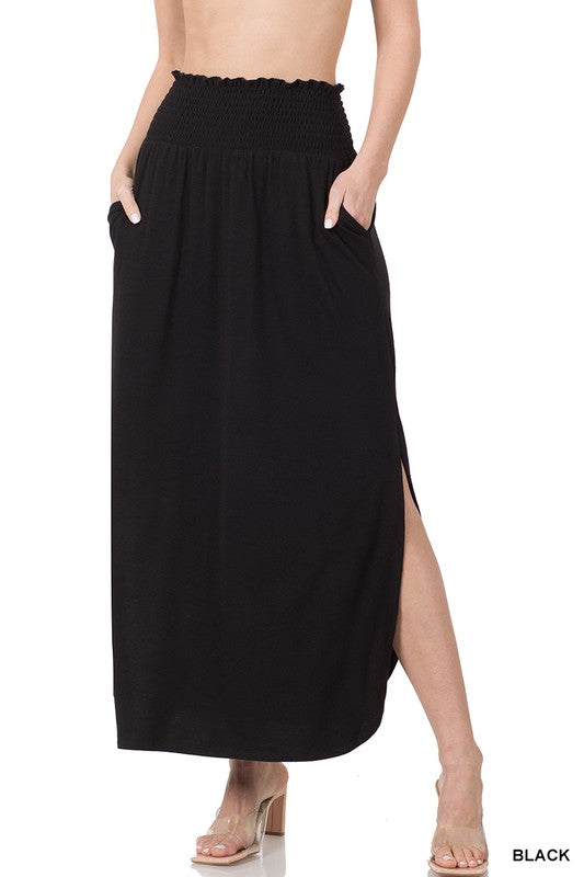 SMOCKED WAIST SIDE SLIT MAXI SKIRT WITH POCKETS