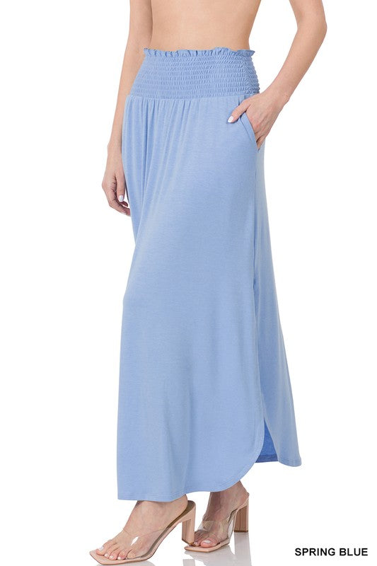 SMOCKED WAIST SIDE SLIT MAXI SKIRT WITH POCKETS