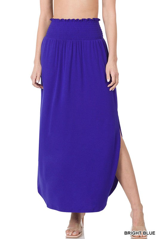 SMOCKED WAIST SIDE SLIT MAXI SKIRT WITH POCKETS