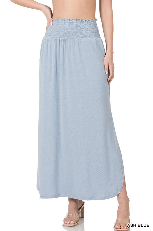 SMOCKED WAIST SIDE SLIT MAXI SKIRT WITH POCKETS