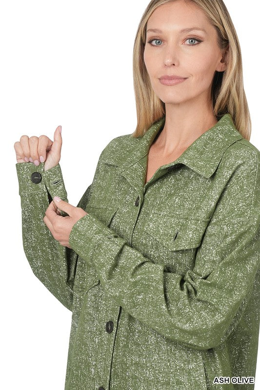 Melange Knit Long Sleeve Shacket With Pockets